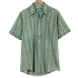 VTG 70s Handmade Floral Stripe Shirt Men's L 46" Green Button Pointed Collar S/S